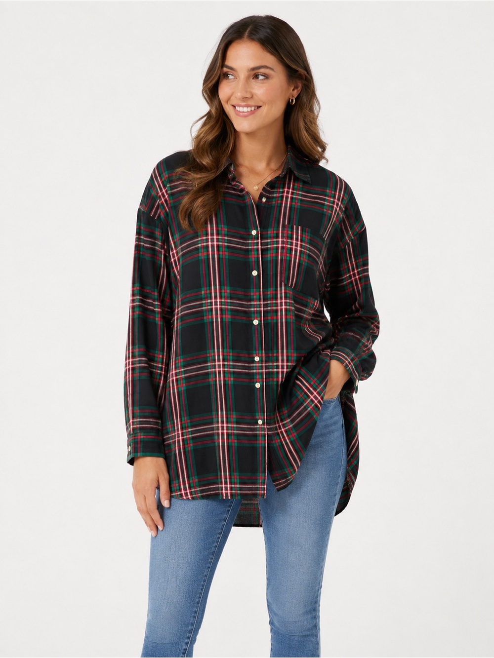 Women's Black Plaid Button-Down Shirt with Red & Green Accent